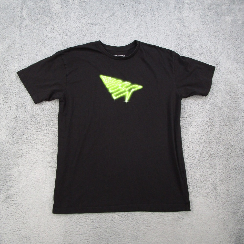 Paper Planes Mens XL Black Neon Green Glow Logo Graphic T-Shirt Short Sleeve